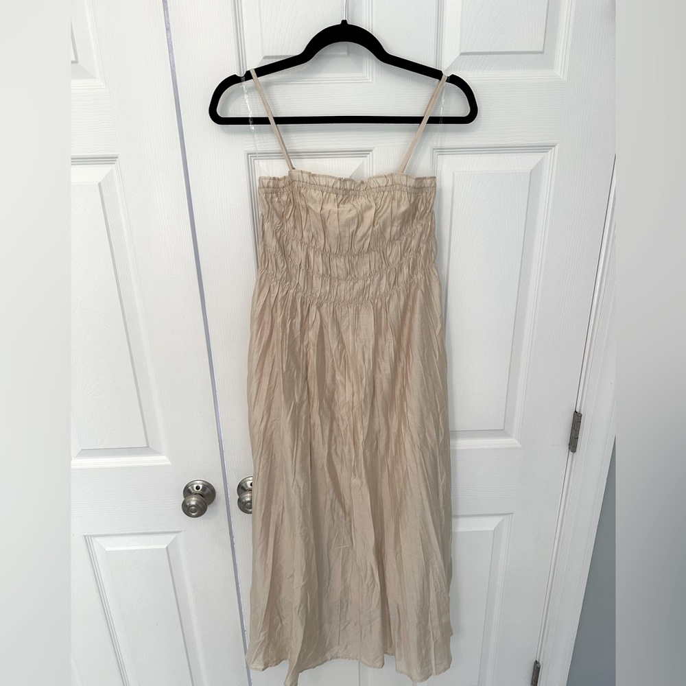 Piper and Scoot Listicle Pleated Champagne Midi Dress